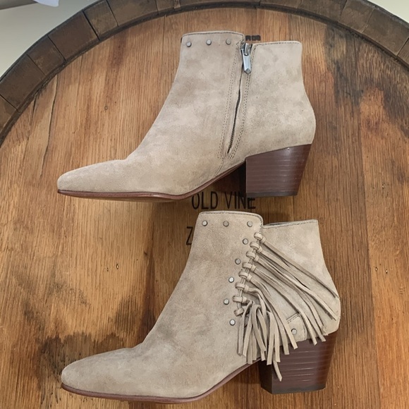 Sam Edelman | Rudie Tan Suede Fringe Tassel Studded Zip Slip On Ankle Boots 7M - Picture 1 of 17